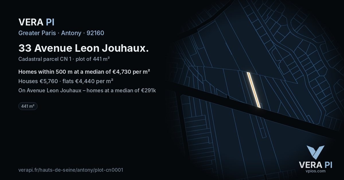 33 Avenue Leon Jouhaux, Antony at night – the plot lit, the parcels around coloured by the prices near them