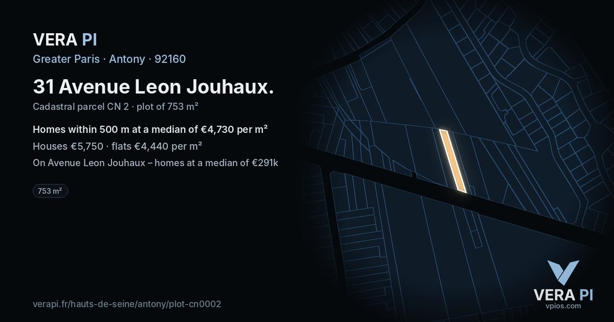 31 Avenue Leon Jouhaux, Antony at night – the plot lit, the parcels around coloured by the prices near them