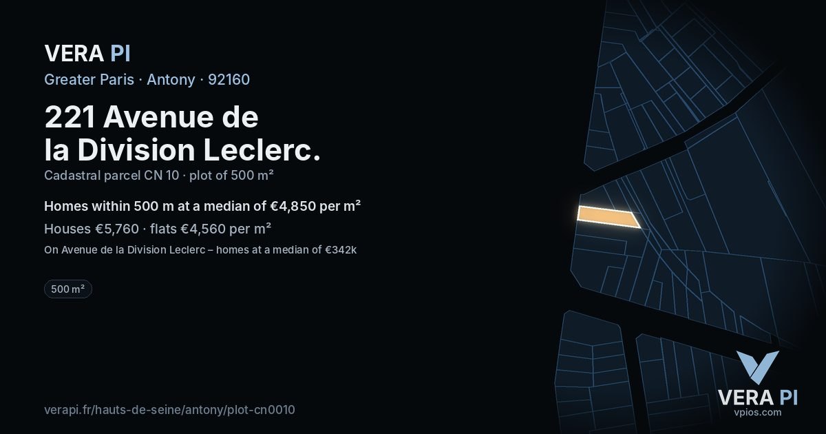 221 Avenue de la Division Leclerc, Antony at night – the plot lit, the parcels around coloured by the prices near them