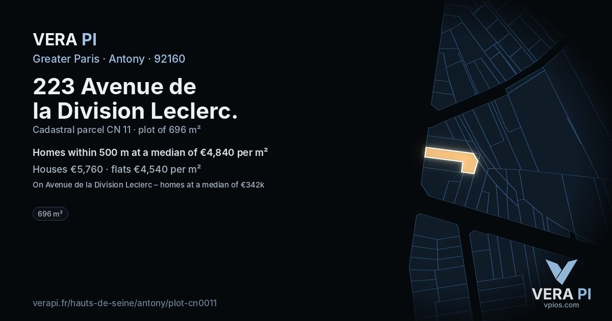 223 Avenue de la Division Leclerc, Antony at night – the plot lit, the parcels around coloured by the prices near them