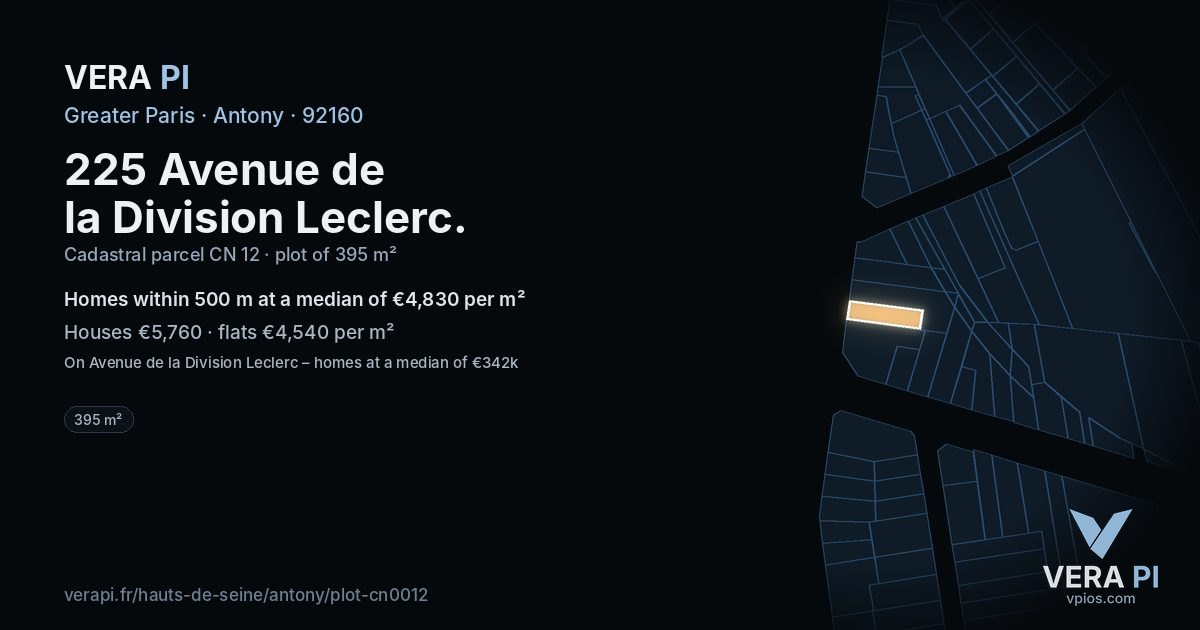 225 Avenue de la Division Leclerc, Antony at night – the plot lit, the parcels around coloured by the prices near them