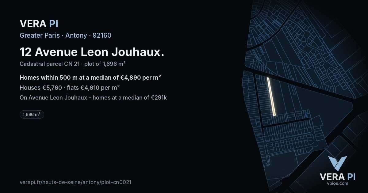 12 Avenue Leon Jouhaux, Antony at night – the plot lit, the parcels around coloured by the prices near them