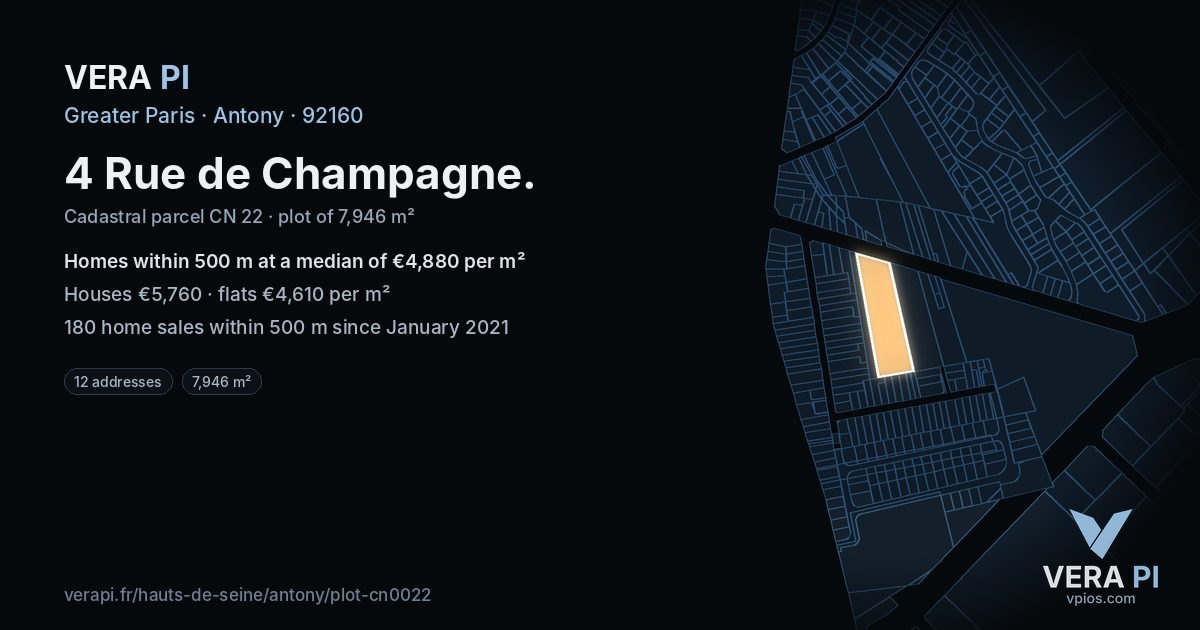 4 Rue de Champagne, Antony at night – the plot lit, the parcels around coloured by the prices near them