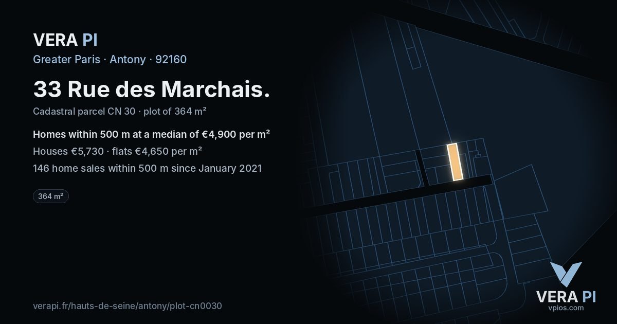 33 Rue des Marchais, Antony at night – the plot lit, the parcels around coloured by the prices near them