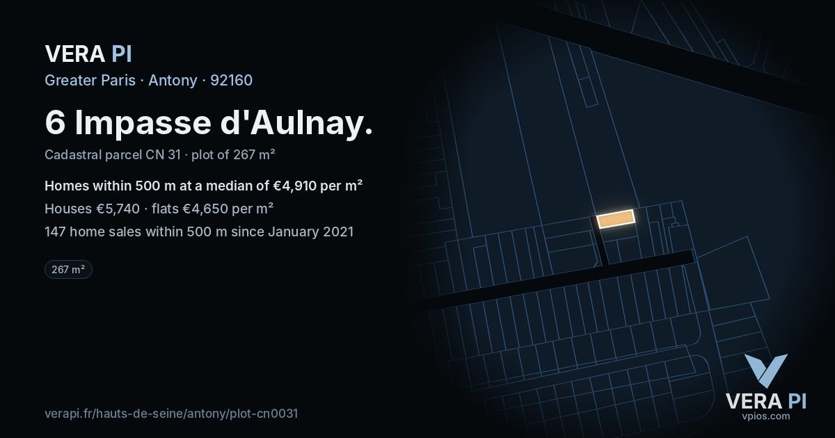 6 Impasse d'Aulnay, Antony at night – the plot lit, the parcels around coloured by the prices near them