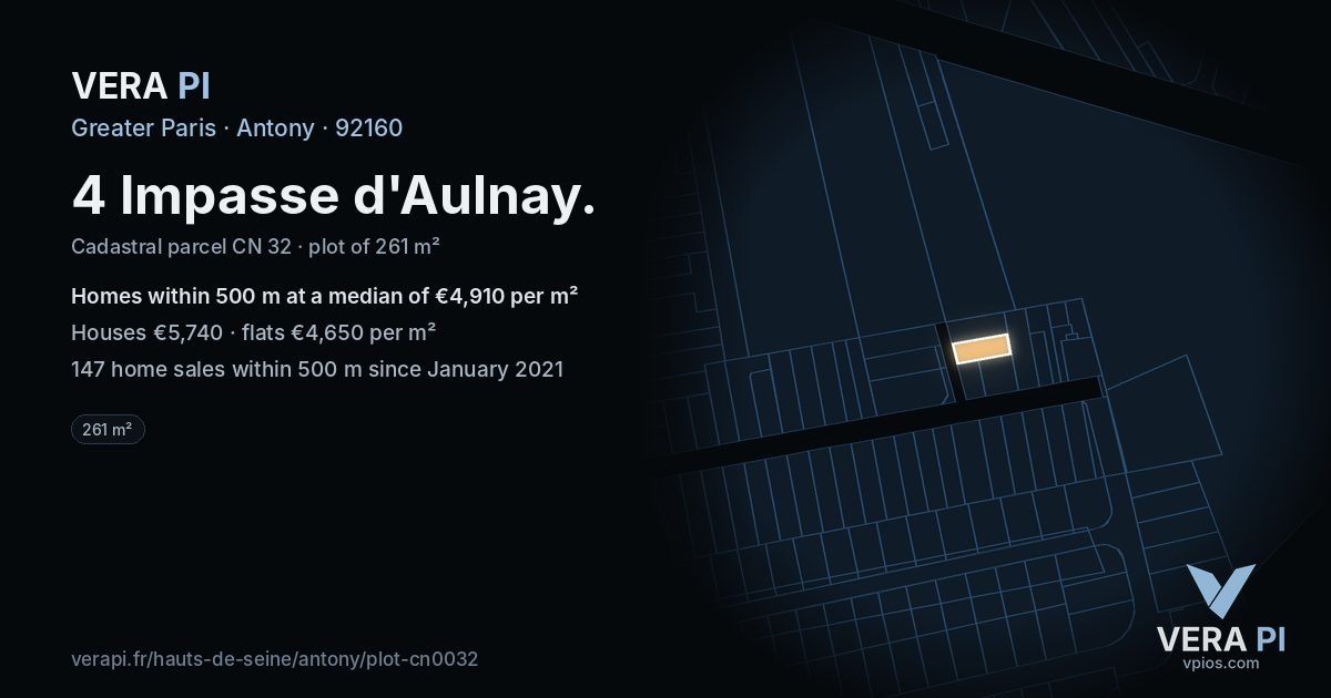4 Impasse d'Aulnay, Antony at night – the plot lit, the parcels around coloured by the prices near them