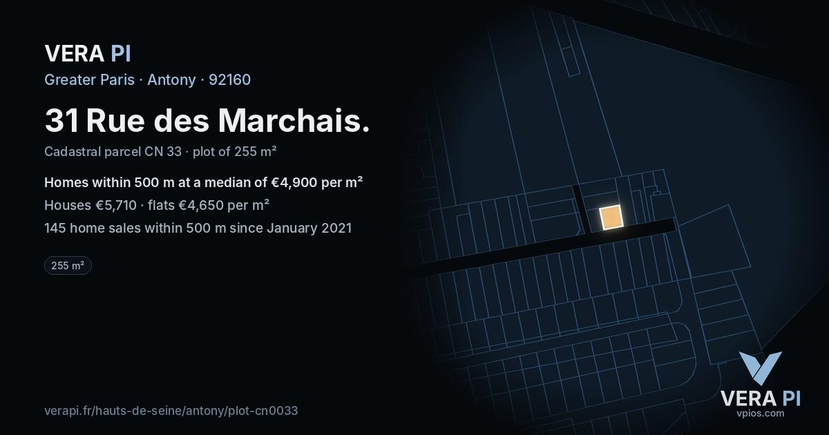 31 Rue des Marchais, Antony at night – the plot lit, the parcels around coloured by the prices near them