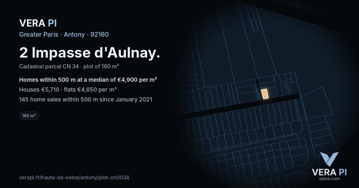 2 Impasse d'Aulnay, Antony at night – the plot lit, the parcels around coloured by the prices near them