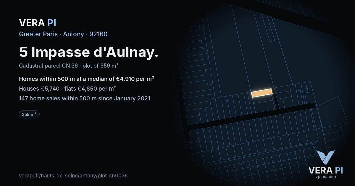 5 Impasse d'Aulnay, Antony at night – the plot lit, the parcels around coloured by the prices near them