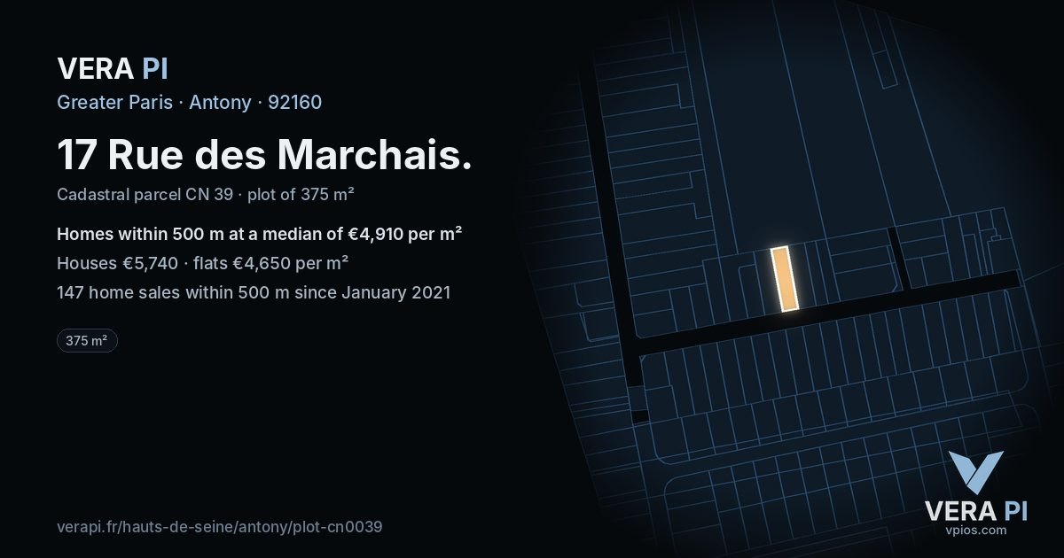 17 Rue des Marchais, Antony at night – the plot lit, the parcels around coloured by the prices near them