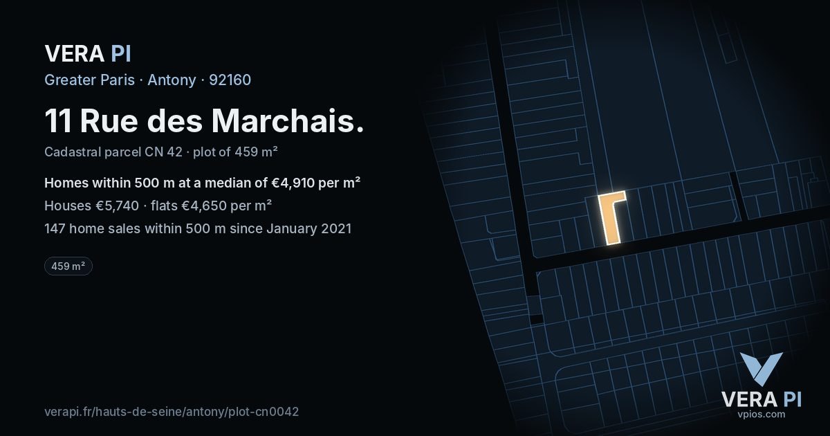 11 Rue des Marchais, Antony at night – the plot lit, the parcels around coloured by the prices near them