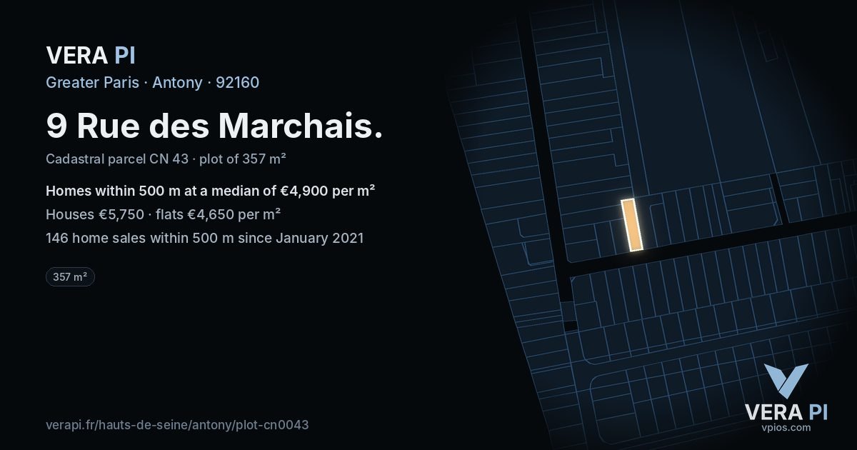 9 Rue des Marchais, Antony at night – the plot lit, the parcels around coloured by the prices near them