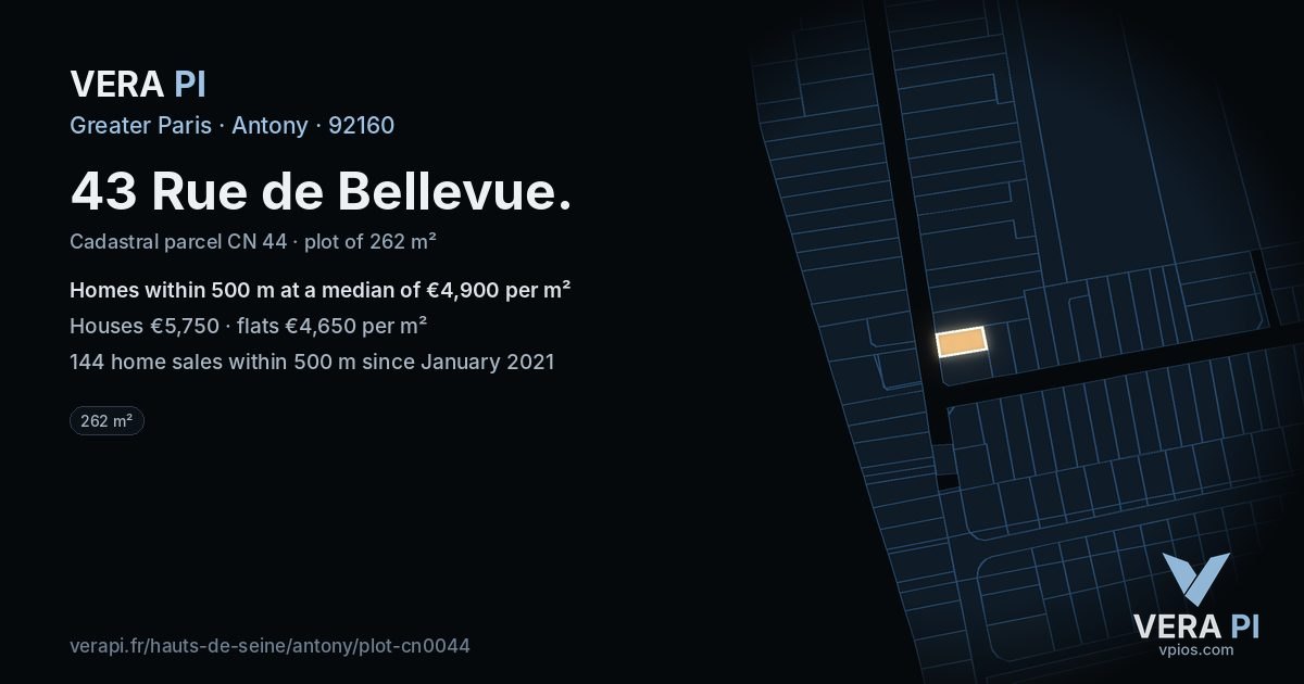 43 Rue de Bellevue, Antony at night – the plot lit, the parcels around coloured by the prices near them