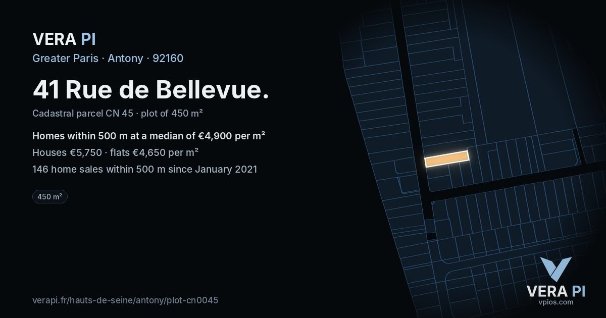 41 Rue de Bellevue, Antony at night – the plot lit, the parcels around coloured by the prices near them
