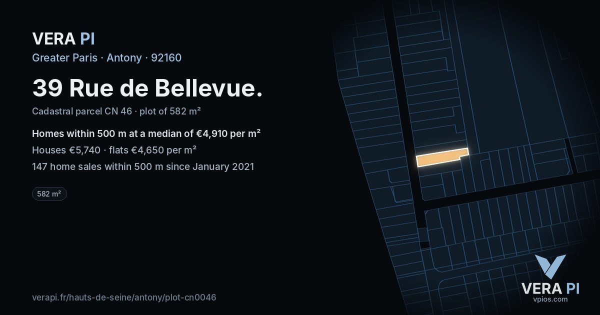 39 Rue de Bellevue, Antony at night – the plot lit, the parcels around coloured by the prices near them