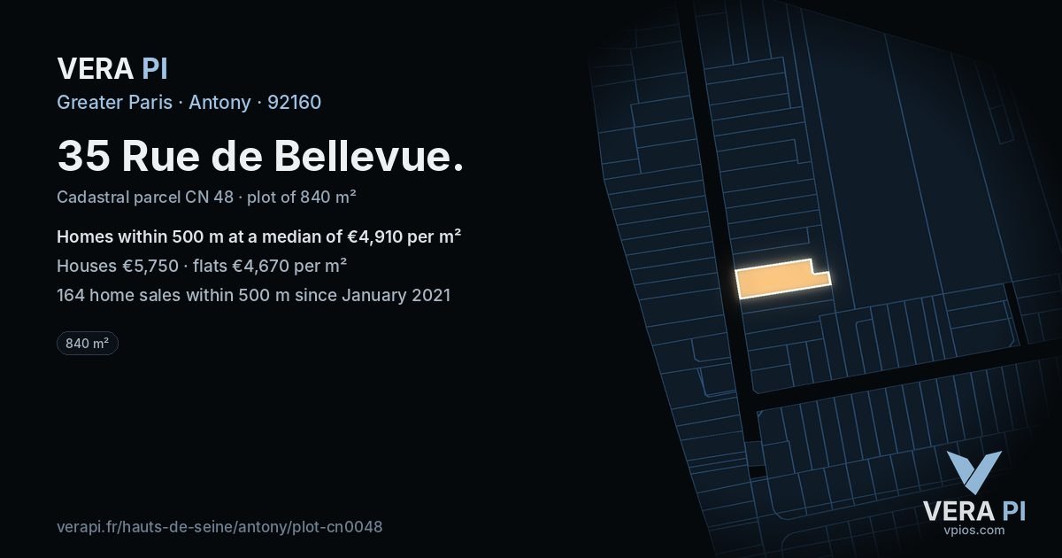 35 Rue de Bellevue, Antony at night – the plot lit, the parcels around coloured by the prices near them