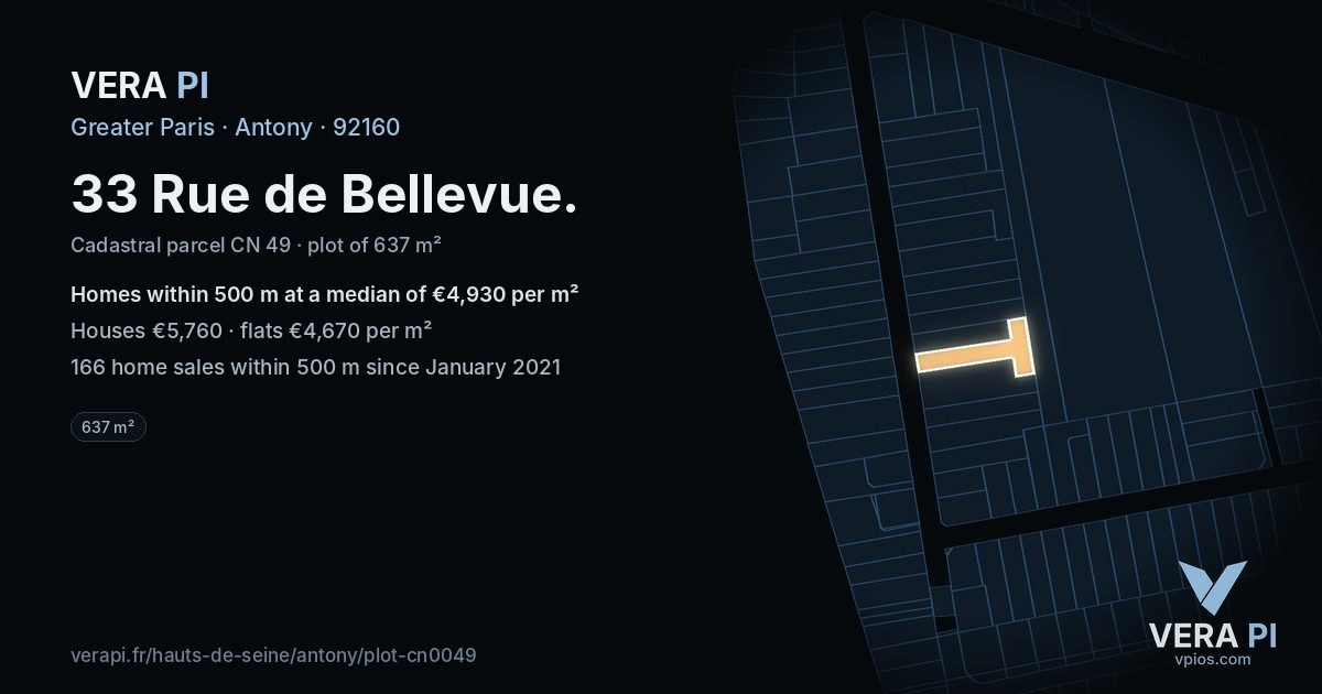 33 Rue de Bellevue, Antony at night – the plot lit, the parcels around coloured by the prices near them