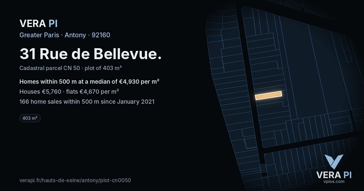 31 Rue de Bellevue, Antony at night – the plot lit, the parcels around coloured by the prices near them