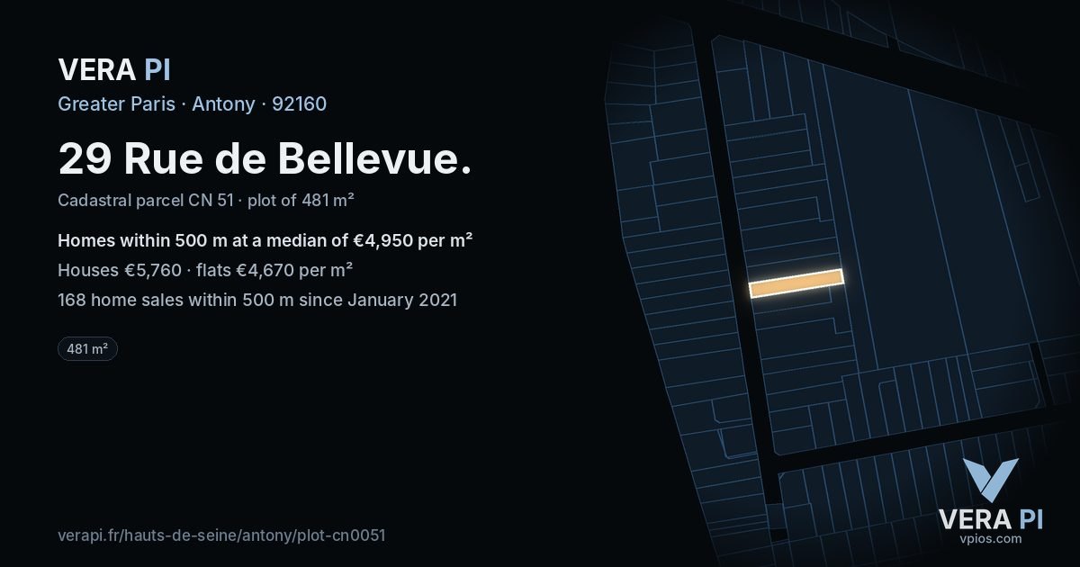 29 Rue de Bellevue, Antony at night – the plot lit, the parcels around coloured by the prices near them