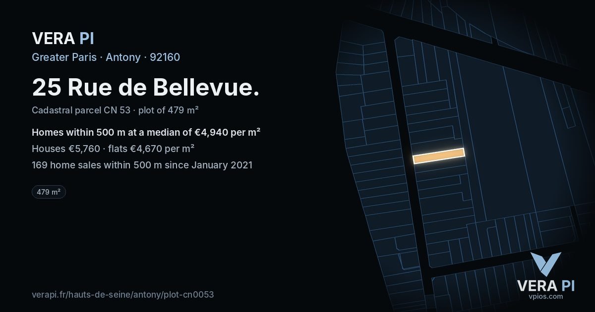 25 Rue de Bellevue, Antony at night – the plot lit, the parcels around coloured by the prices near them