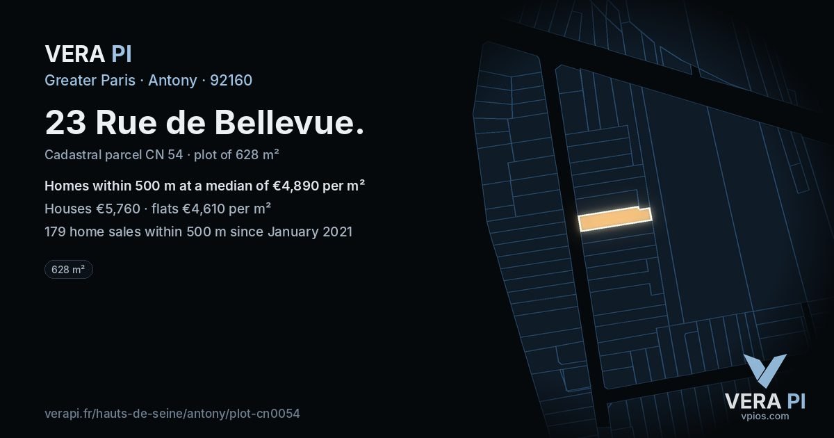 23 Rue de Bellevue, Antony at night – the plot lit, the parcels around coloured by the prices near them