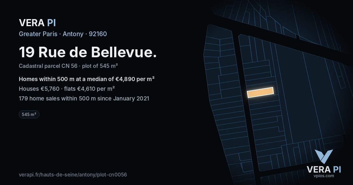 19 Rue de Bellevue, Antony at night – the plot lit, the parcels around coloured by the prices near them