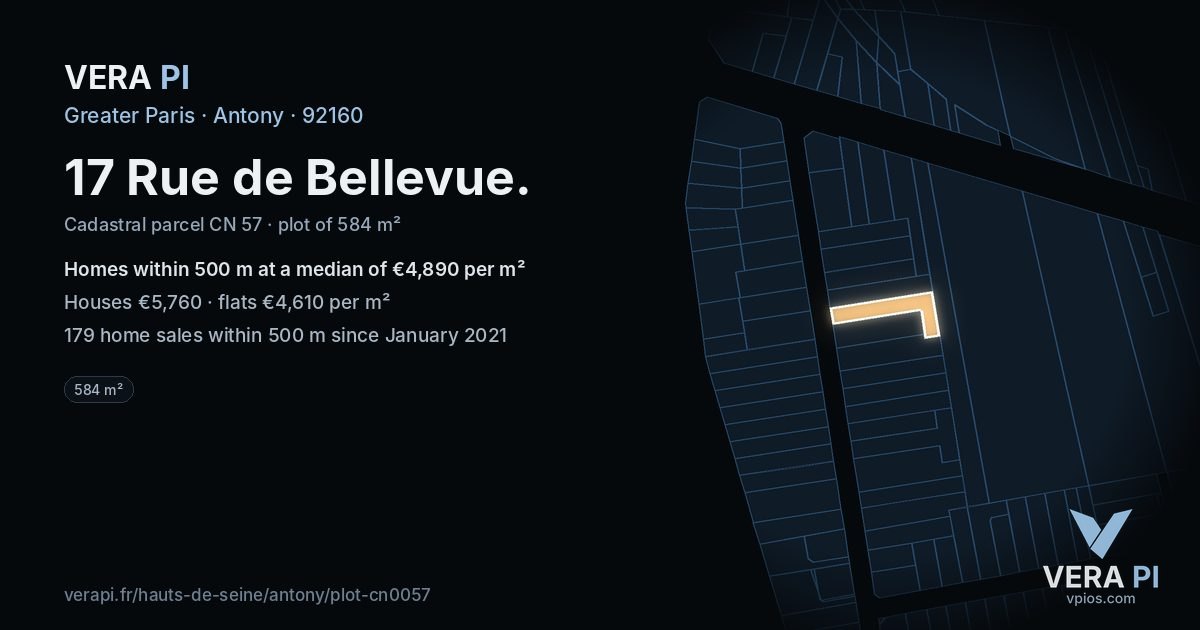 17 Rue de Bellevue, Antony at night – the plot lit, the parcels around coloured by the prices near them