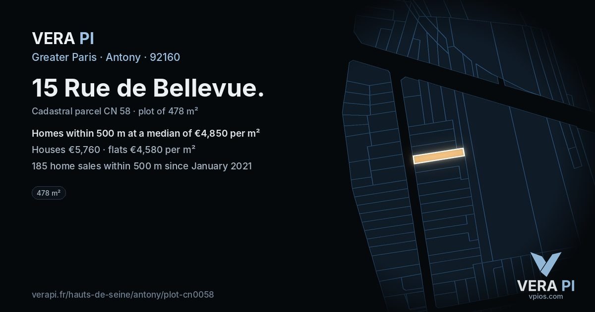 15 Rue de Bellevue, Antony at night – the plot lit, the parcels around coloured by the prices near them