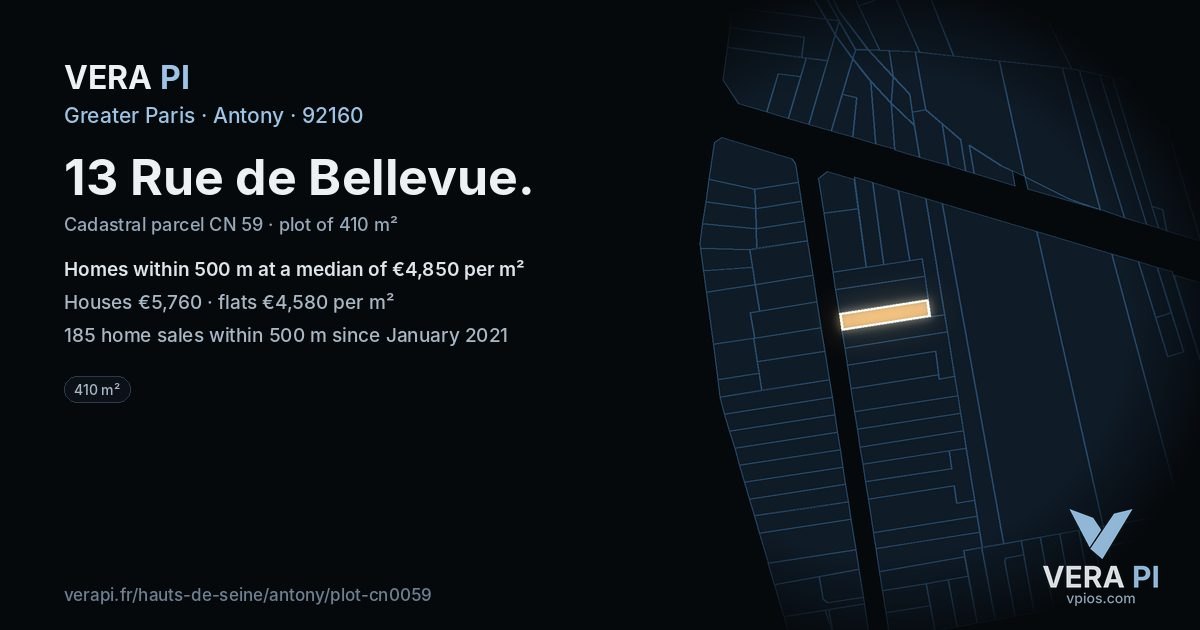 13 Rue de Bellevue, Antony at night – the plot lit, the parcels around coloured by the prices near them