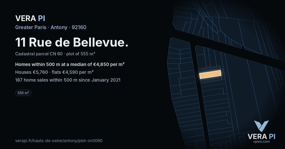 11 Rue de Bellevue, Antony at night – the plot lit, the parcels around coloured by the prices near them