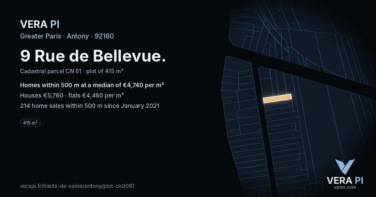 9 Rue de Bellevue, Antony at night – the plot lit, the parcels around coloured by the prices near them