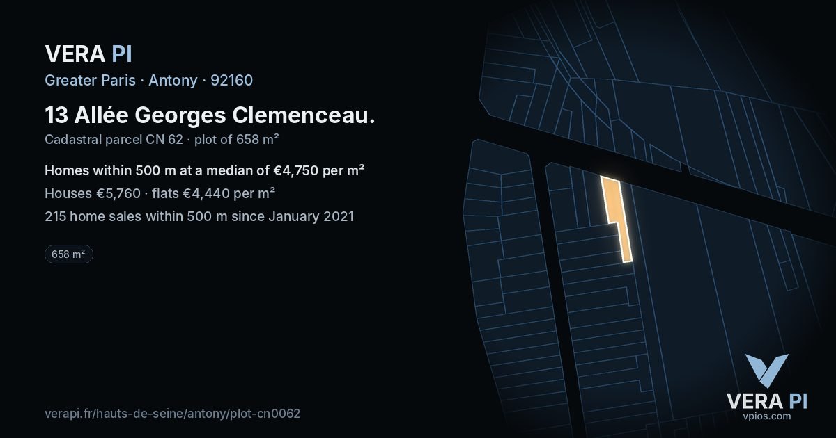 13 Allée Georges Clemenceau, Antony at night – the plot lit, the parcels around coloured by the prices near them