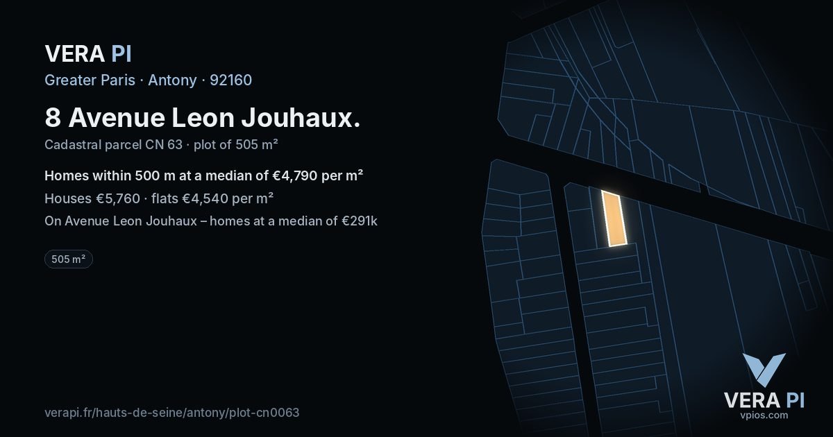 8 Avenue Leon Jouhaux, Antony at night – the plot lit, the parcels around coloured by the prices near them