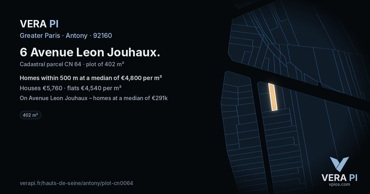 6 Avenue Leon Jouhaux, Antony at night – the plot lit, the parcels around coloured by the prices near them