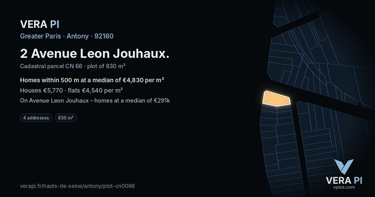 2 Avenue Leon Jouhaux, Antony at night – the plot lit, the parcels around coloured by the prices near them