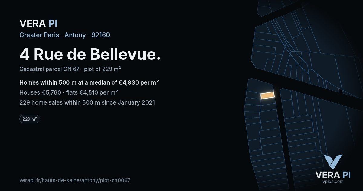 4 Rue de Bellevue, Antony at night – the plot lit, the parcels around coloured by the prices near them