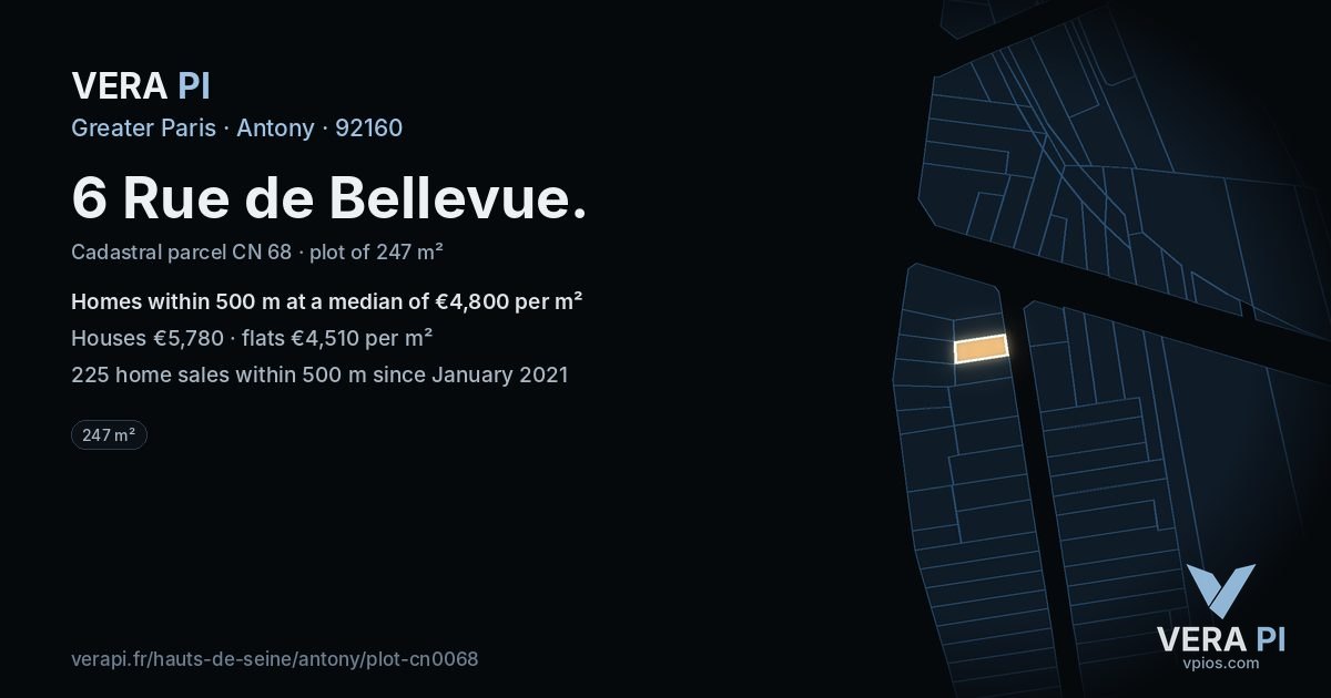 6 Rue de Bellevue, Antony at night – the plot lit, the parcels around coloured by the prices near them