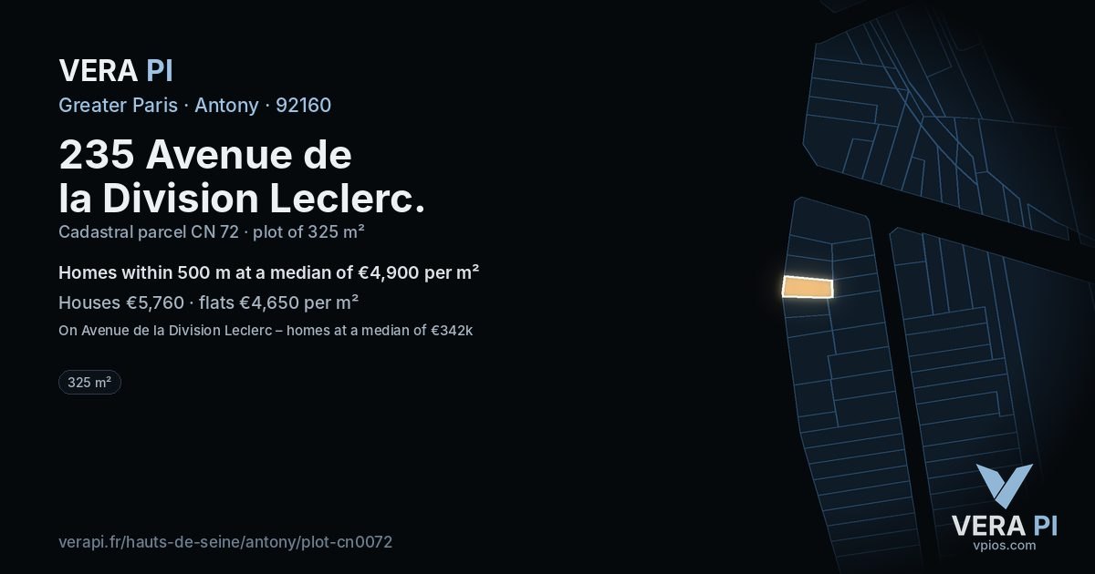 235 Avenue de la Division Leclerc, Antony at night – the plot lit, the parcels around coloured by the prices near them