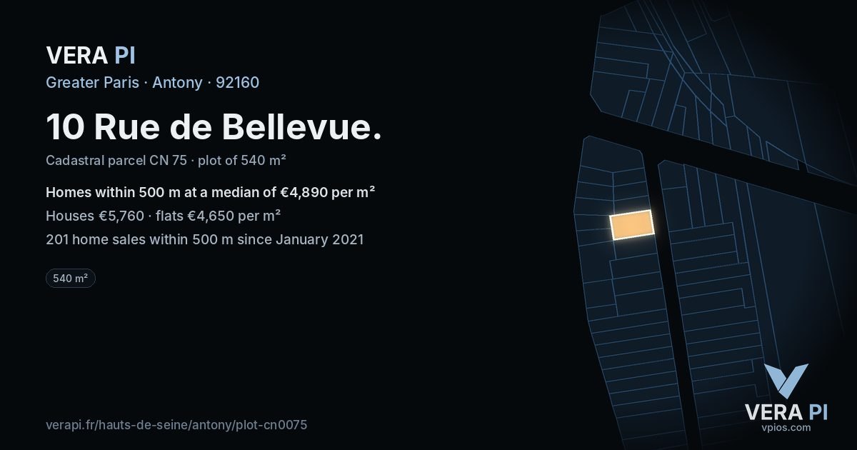 10 Rue de Bellevue, Antony at night – the plot lit, the parcels around coloured by the prices near them
