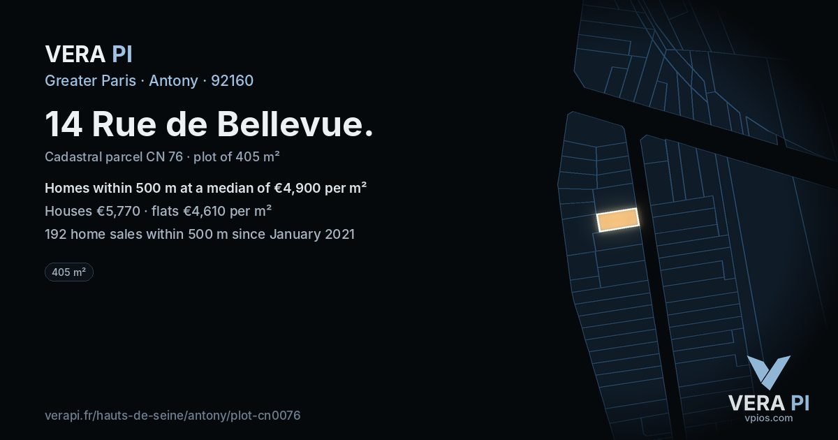14 Rue de Bellevue, Antony at night – the plot lit, the parcels around coloured by the prices near them