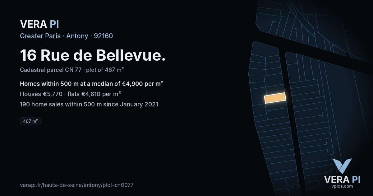 16 Rue de Bellevue, Antony at night – the plot lit, the parcels around coloured by the prices near them