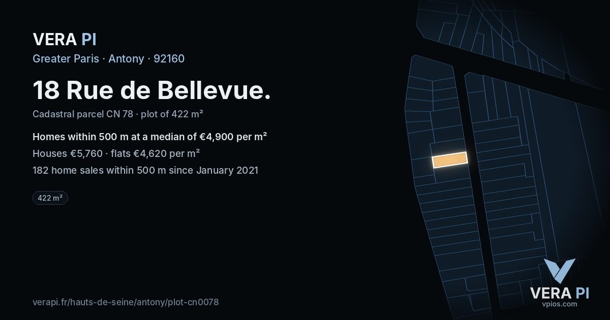18 Rue de Bellevue, Antony at night – the plot lit, the parcels around coloured by the prices near them