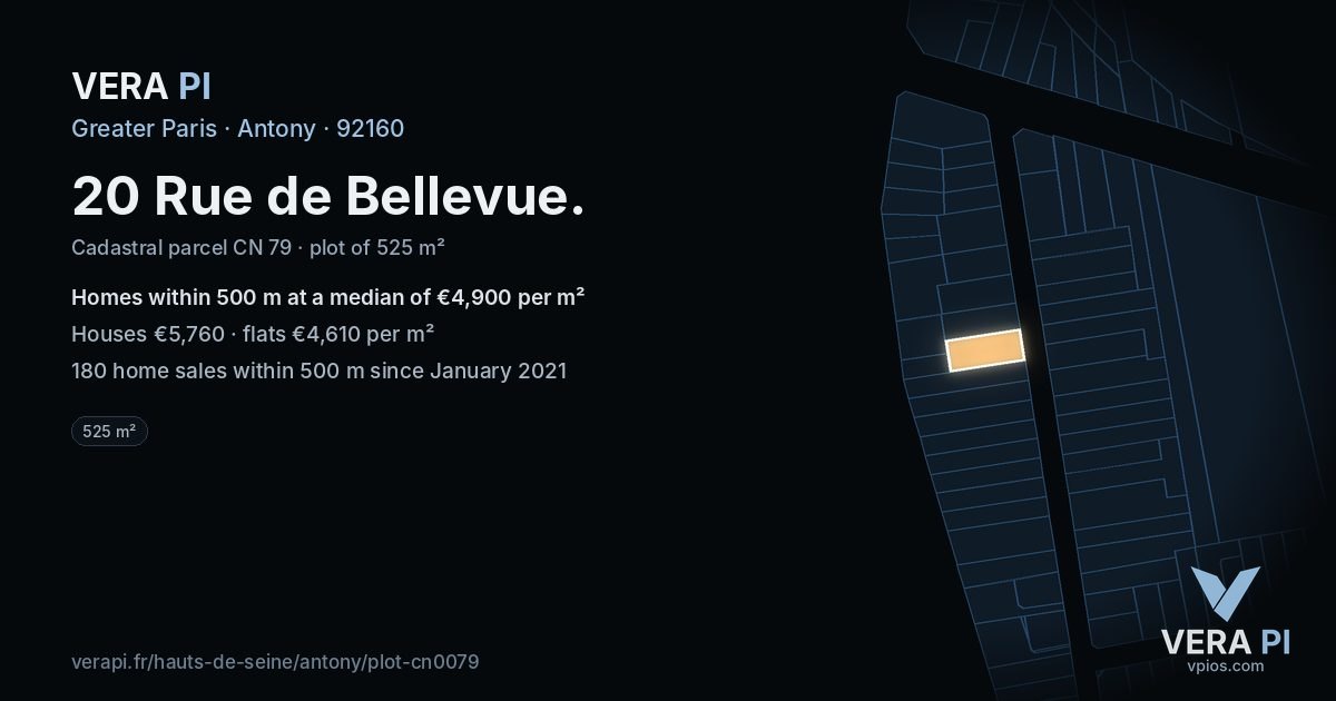 20 Rue de Bellevue, Antony at night – the plot lit, the parcels around coloured by the prices near them
