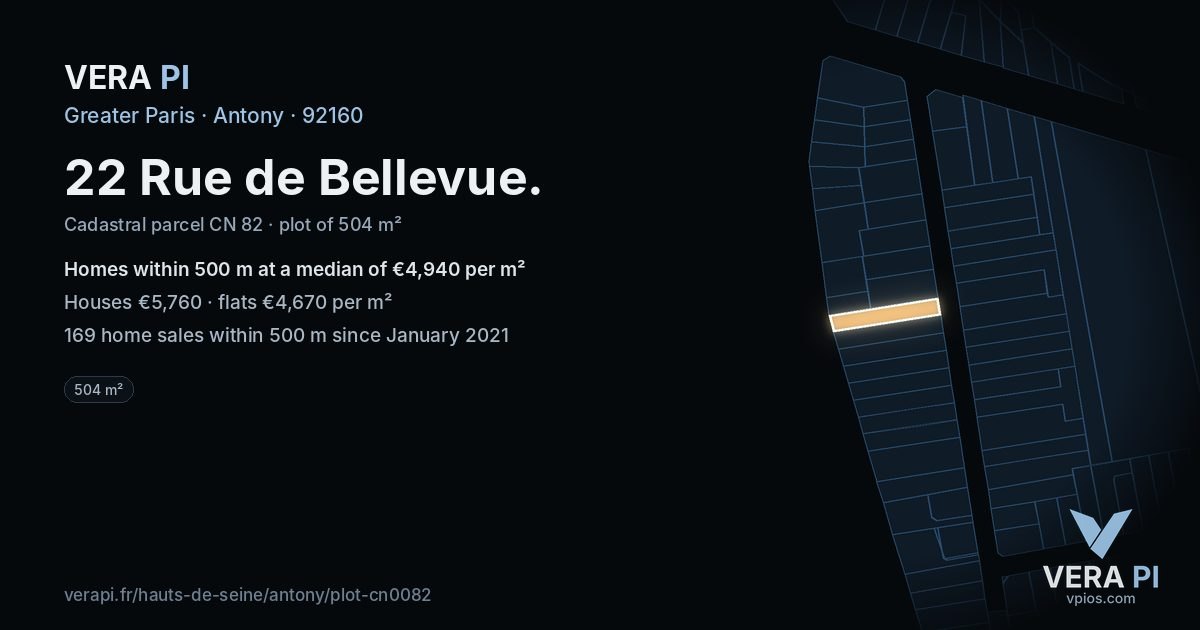 22 Rue de Bellevue, Antony at night – the plot lit, the parcels around coloured by the prices near them