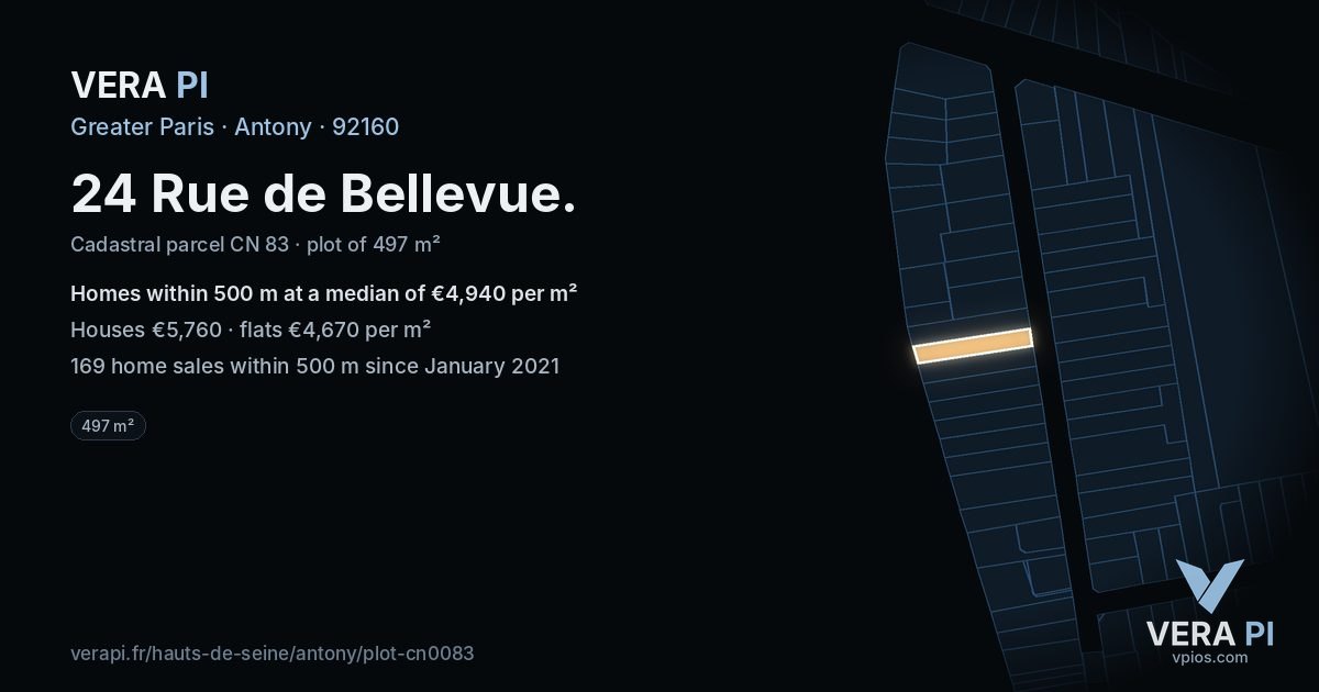 24 Rue de Bellevue, Antony at night – the plot lit, the parcels around coloured by the prices near them