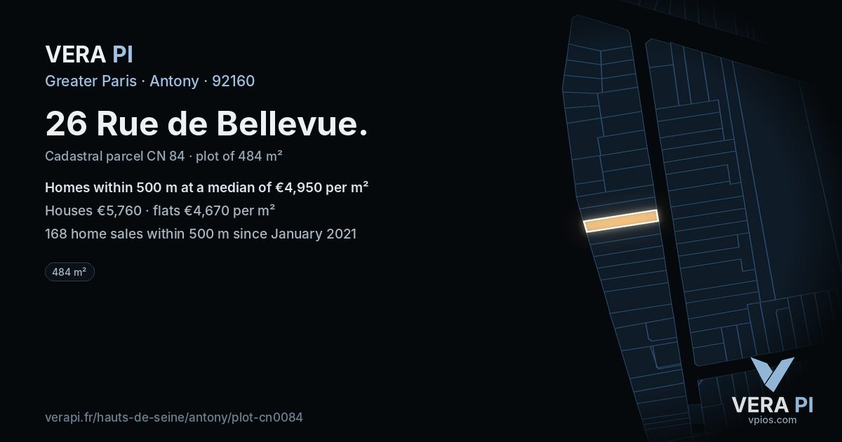 26 Rue de Bellevue, Antony at night – the plot lit, the parcels around coloured by the prices near them