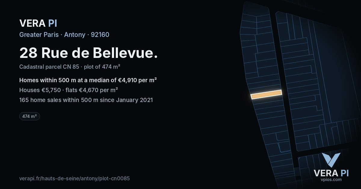 28 Rue de Bellevue, Antony at night – the plot lit, the parcels around coloured by the prices near them