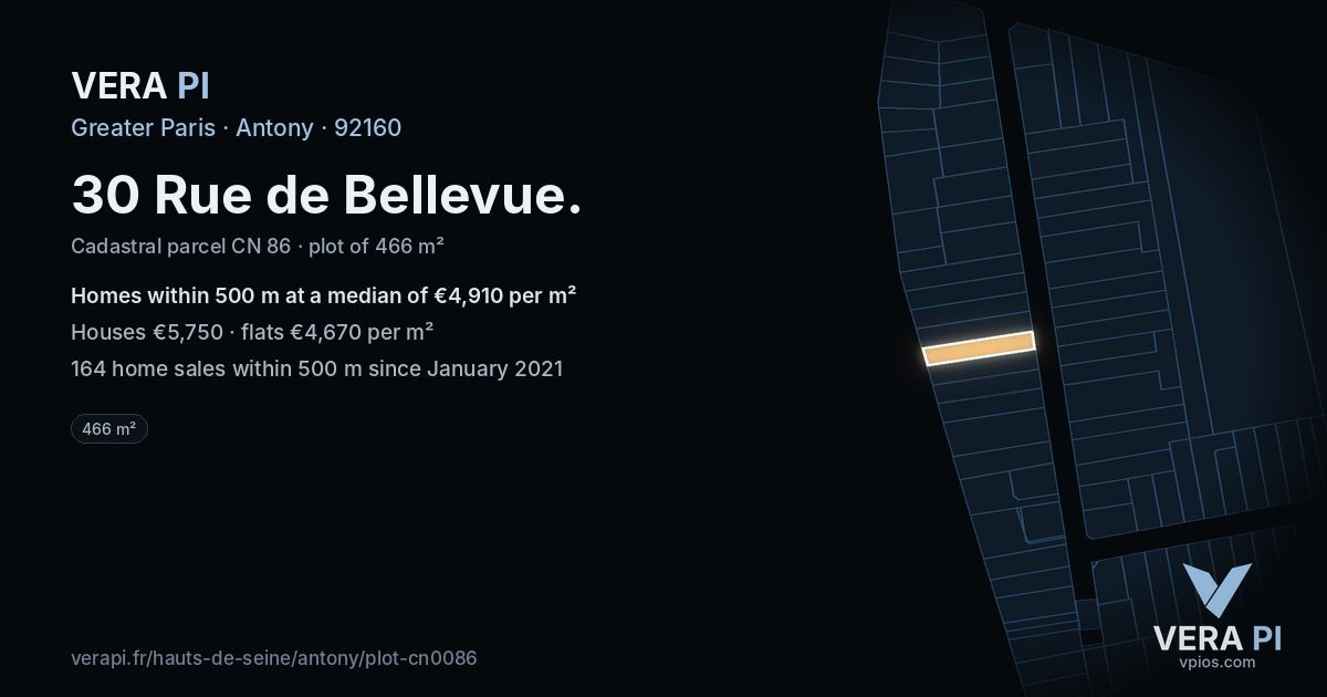 30 Rue de Bellevue, Antony at night – the plot lit, the parcels around coloured by the prices near them