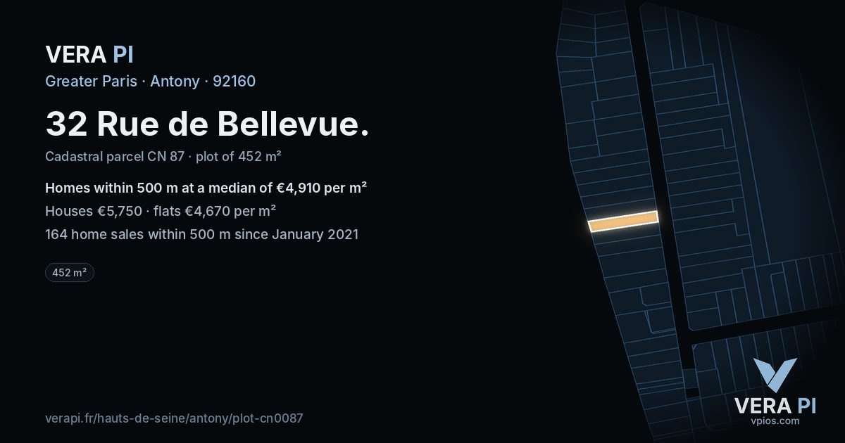 32 Rue de Bellevue, Antony at night – the plot lit, the parcels around coloured by the prices near them