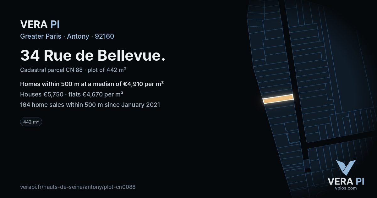 34 Rue de Bellevue, Antony at night – the plot lit, the parcels around coloured by the prices near them